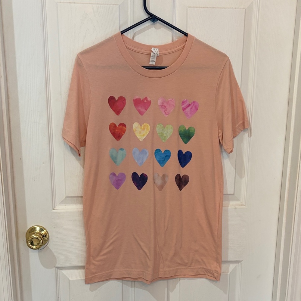 Bella Canvas Peach Tee with Multicolor Heart Design